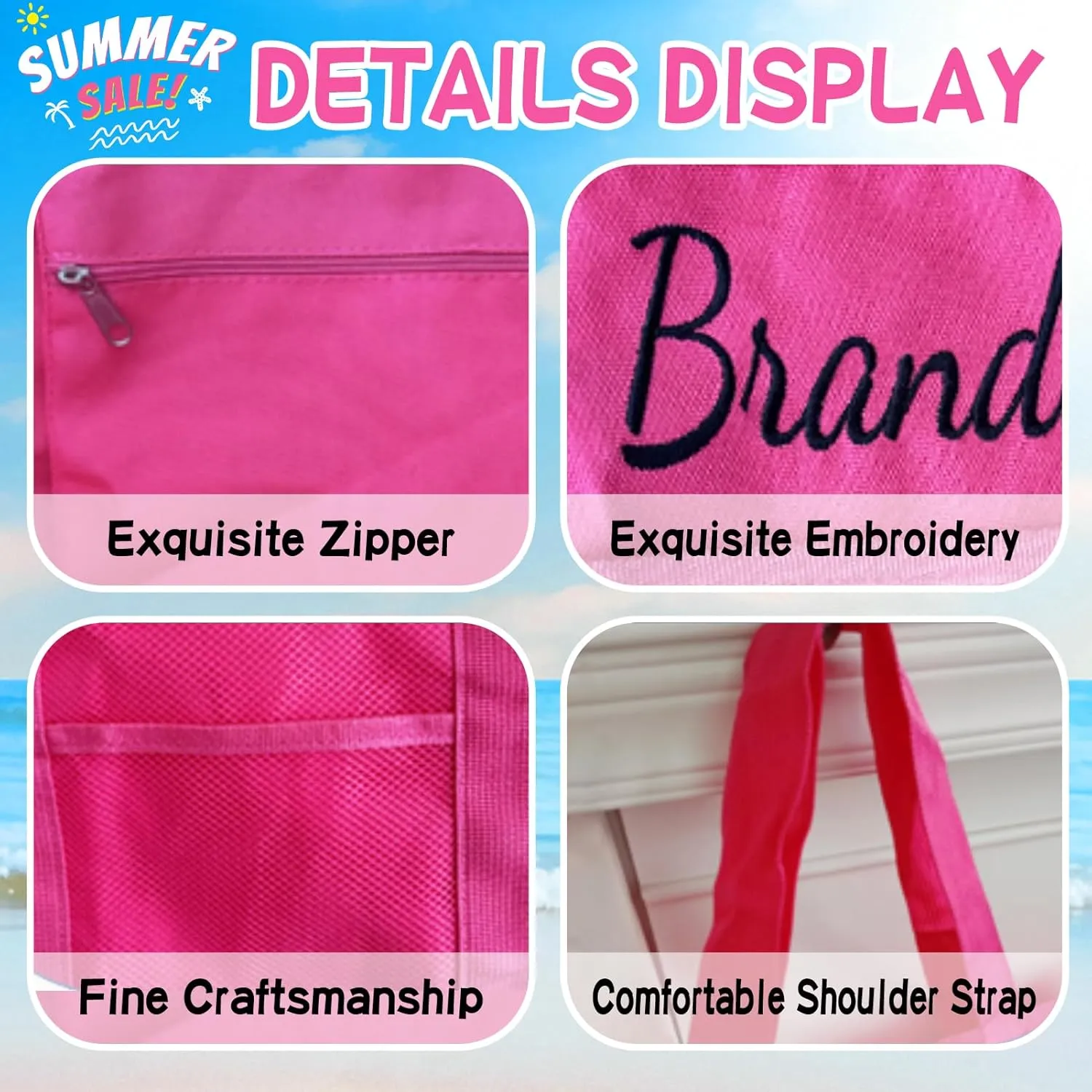 Personalized Pink Beach Bag with Embroidered Name,Foldable Travel Tote，Custom Tote Bag Travel Essential