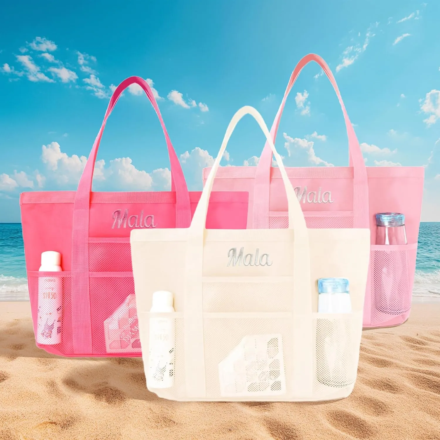 Personalized Pink Beach Bag with Embroidered Name,Foldable Travel Tote，Custom Tote Bag Travel Essential