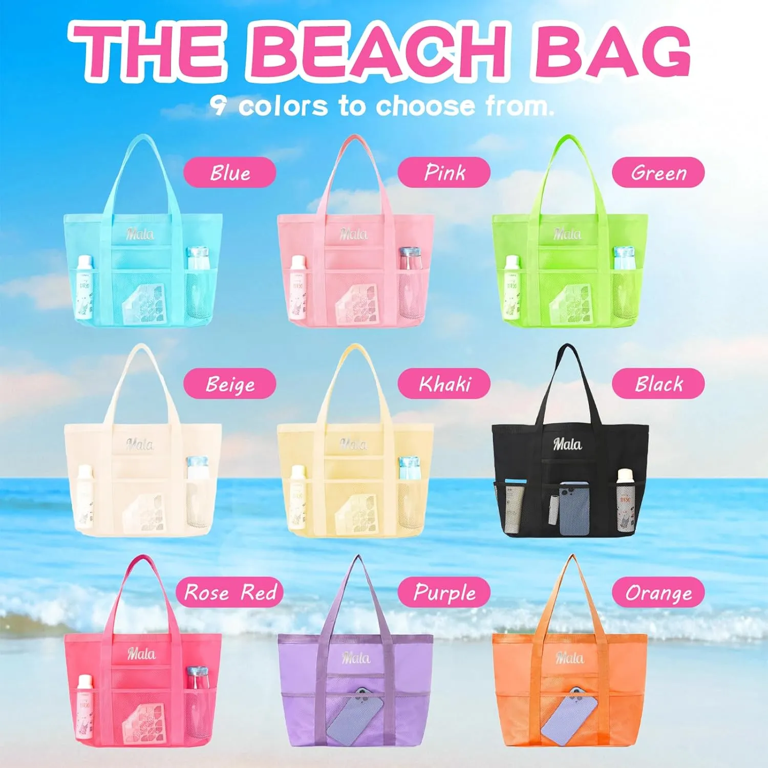 Personalized Pink Beach Bag with Embroidered Name,Foldable Travel Tote，Custom Tote Bag Travel Essential