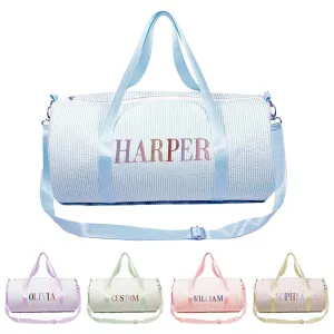 Personalized Seersucker Duffel Bag, Embroidered Name, Custom Sport Gym Bags for Women, Weekend Camp Bag, Overnight Bag for Women, Bridesmaid Gift, Cheerleading Pack for Girls, Birthday Gift, Dance Bag