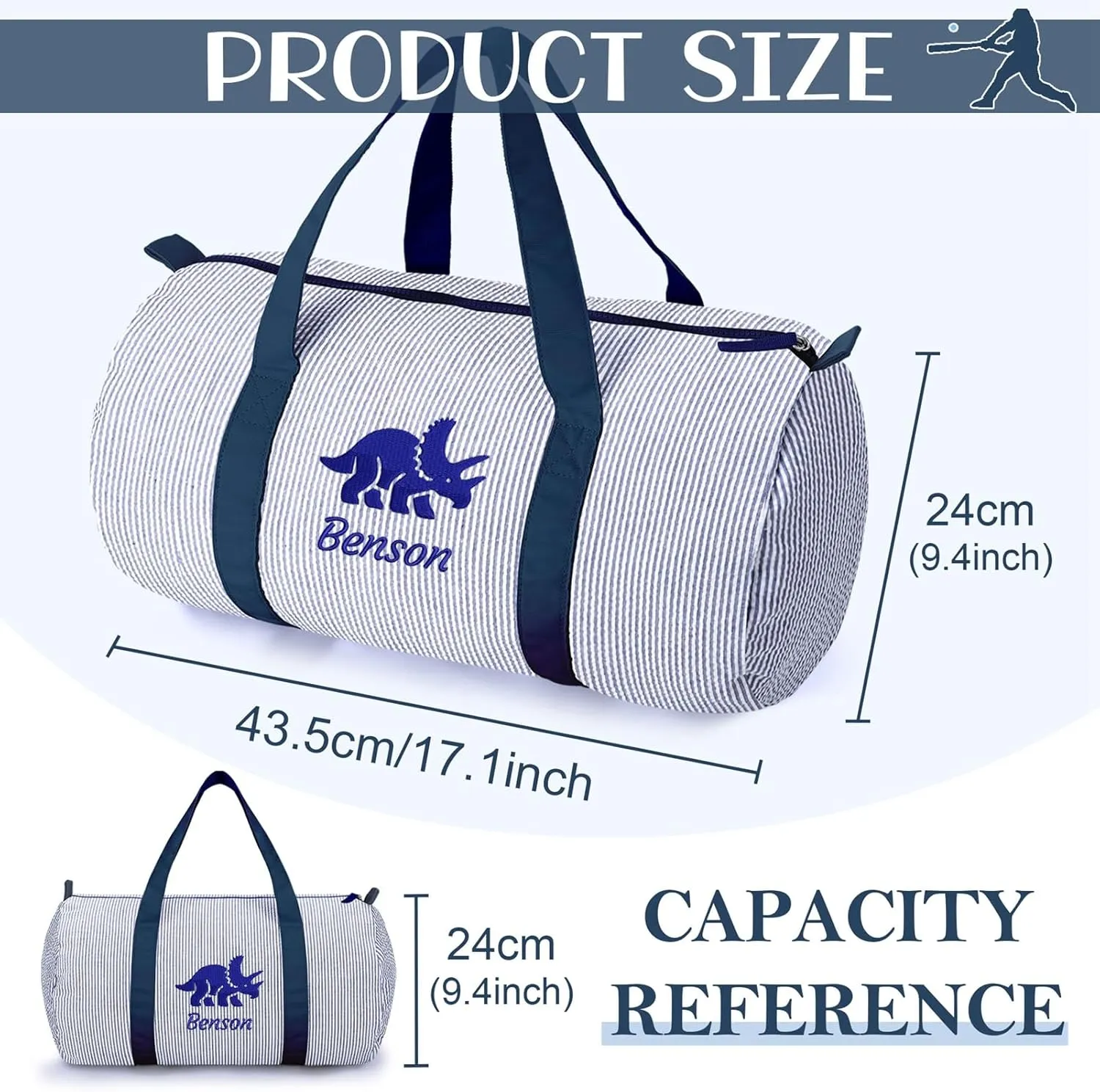 Personalized Seersucker Kids Duffel Bag, Girls Dance Bag with Embroidered Name, Small Lightweight Toddler Travel Bag for Ballet Gym, Overnight Weekender Carry on Bag for Girls Boys(Blue)