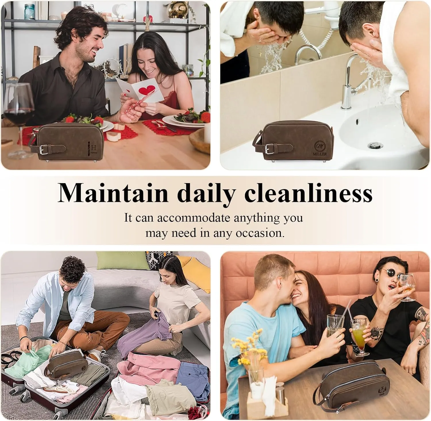 Personalized Toiletry Bag for Men, Custom Engraved Travel Dopp Kit Bag, Customized Name Initials Gift for Dad, Boyfriend, Husband Father's Day, Wedding, Birthday(Dark Brown)