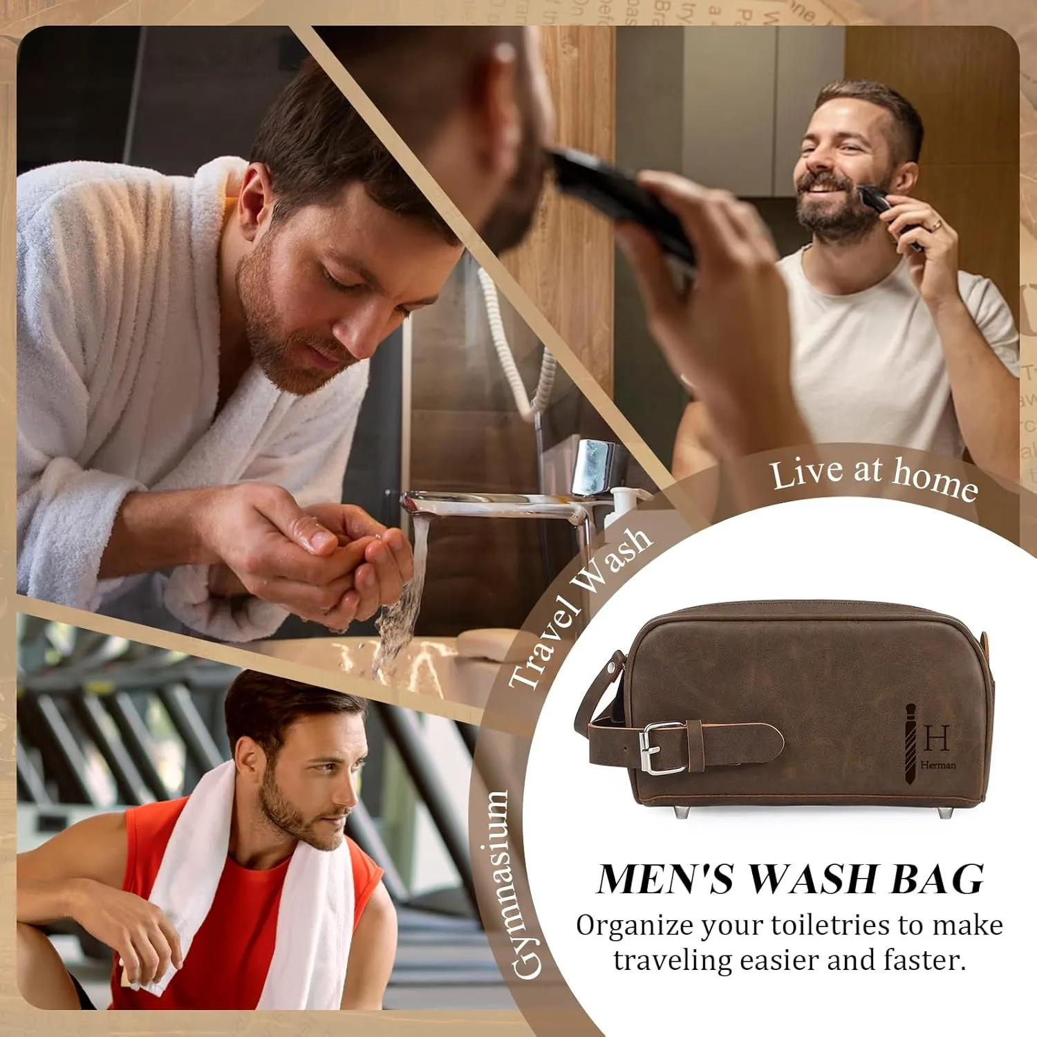 Personalized Toiletry Bag for Men, Custom Engraved Travel Dopp Kit Bag, Customized Name Initials Gift for Dad, Boyfriend, Husband Father's Day, Wedding, Birthday(Dark Brown)