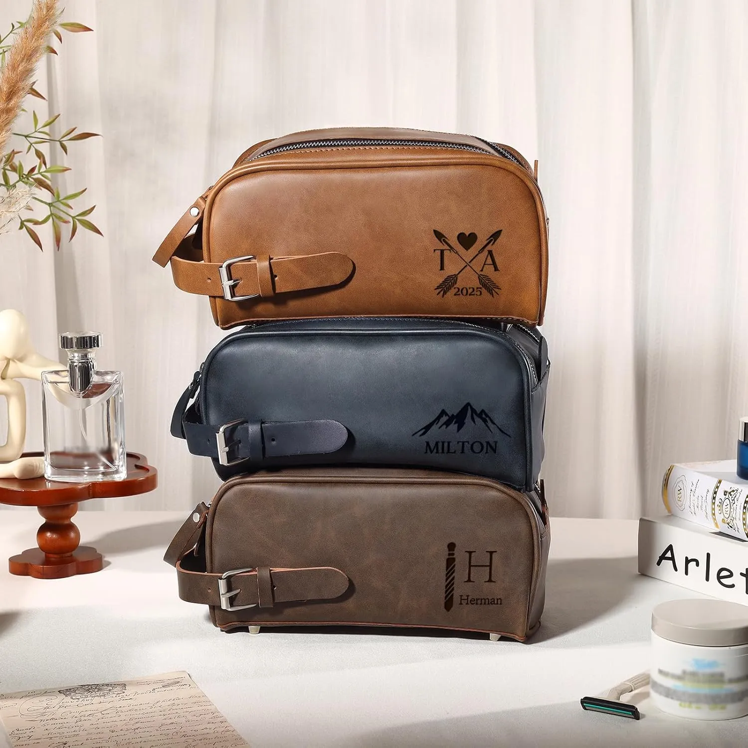 Personalized Toiletry Bag for Men, Custom Engraved Travel Dopp Kit Bag, Customized Name Initials Gift for Dad, Boyfriend, Husband Father's Day, Wedding, Birthday(Dark Brown)