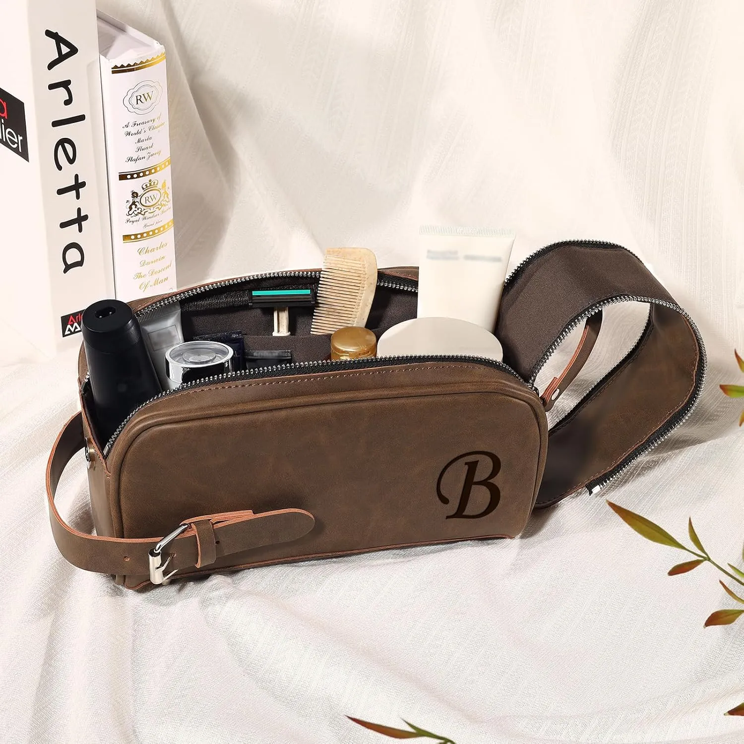 Personalized Toiletry Bag for Men, Custom Engraved Travel Dopp Kit Bag, Customized Name Initials Gift for Dad, Boyfriend, Husband Father's Day, Wedding, Birthday(Dark Brown)