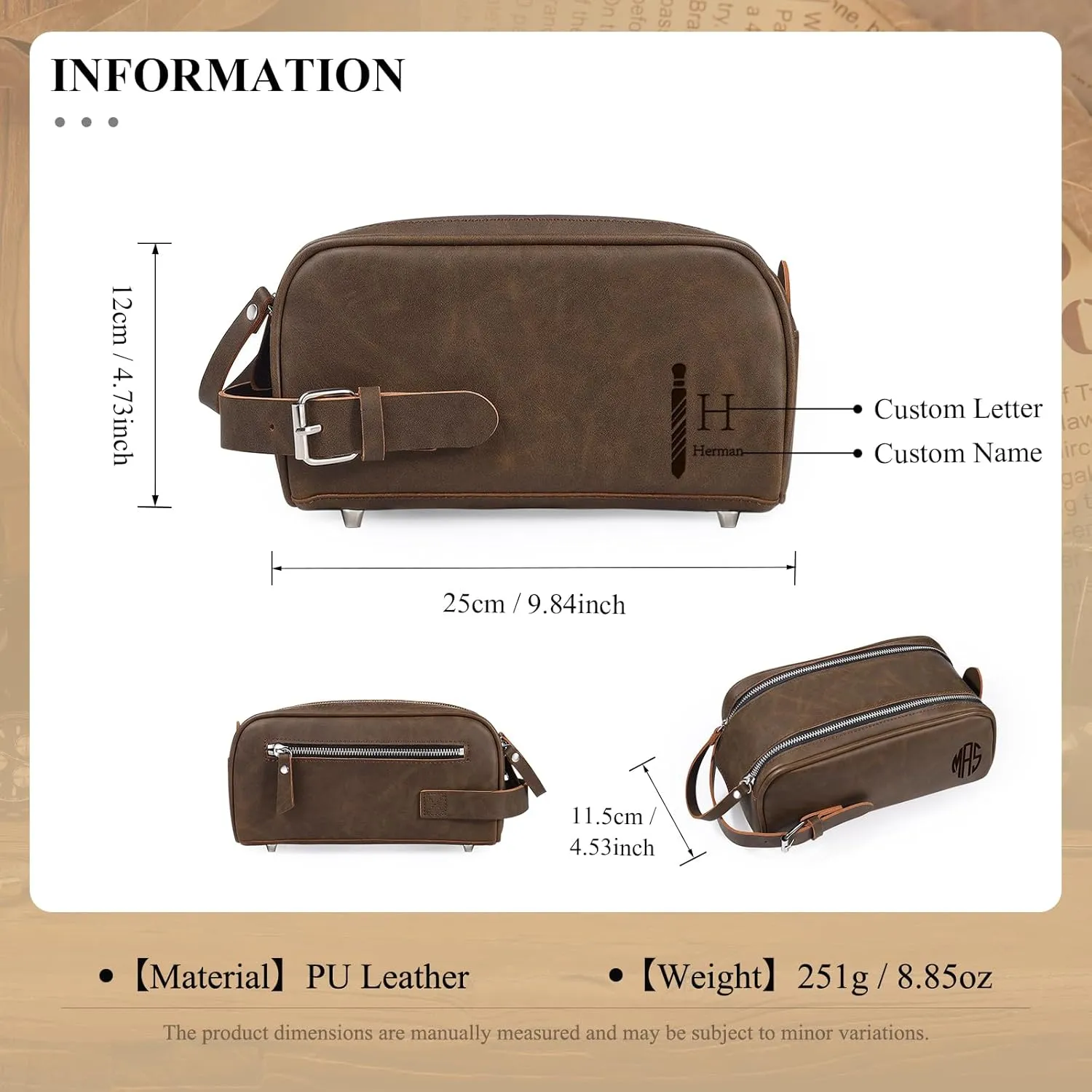 Personalized Toiletry Bag for Men, Custom Engraved Travel Dopp Kit Bag, Customized Name Initials Gift for Dad, Boyfriend, Husband Father's Day, Wedding, Birthday(Dark Brown)