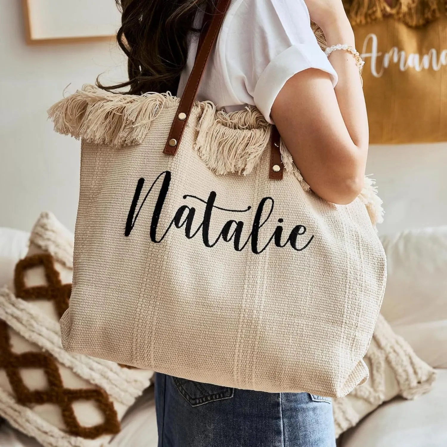 Personalized Tote Bags for Women, Customized Bags with Name/Text, Personalized Embroidered Straw Beach Purses