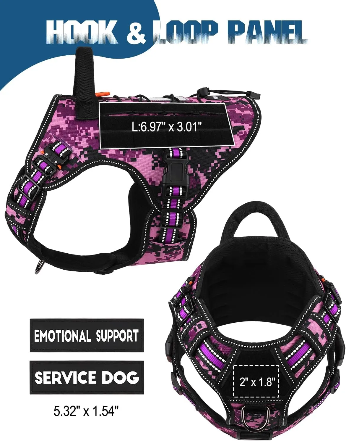 PETNANNY Tactical Dog Harness Reflective with ID Card,Service Dog Vest Harness for Medium Large Dogs,Emotional Support Vest with Padded Handle，2 Reflective Patches for Training Hunting（Purple Camo,L）