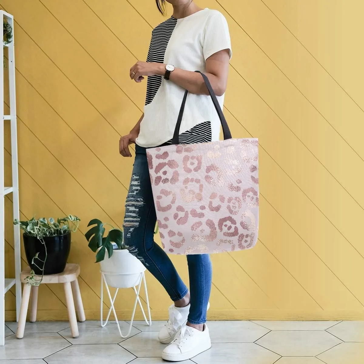 Pfrewn Leopard Canvas Tote Bag Large Grocery Bag Reusable Beach Shopping Bag Heavy Duty Washable Shoulder Bags Handbag with Handles