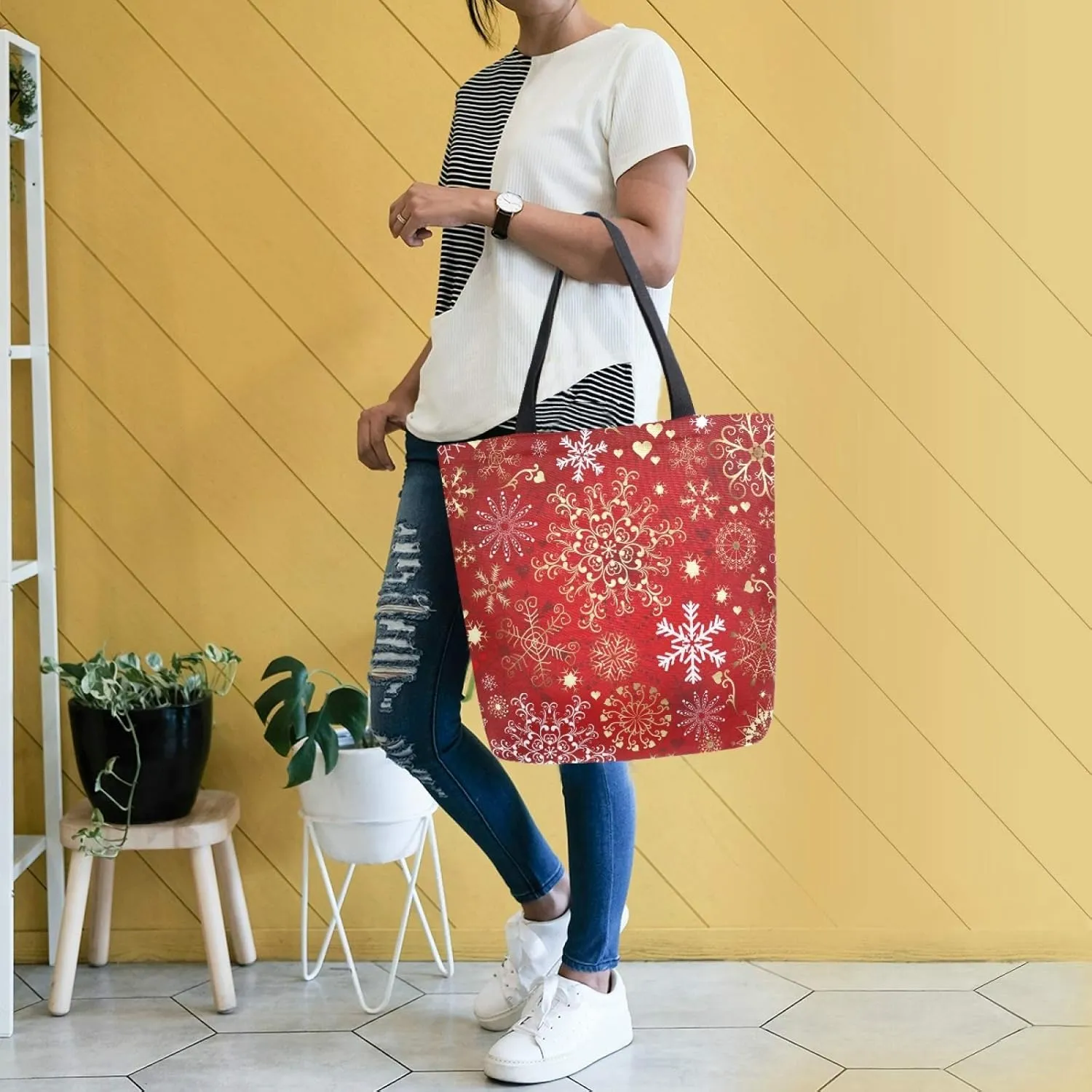 Pfrewn Winter Snowflake Red Sparkle Extra Large Grocery Bag Christmas Snowflakes Reusable Canvas Tote Bag Casual Beach Shopping Tote Heavy Duty Washable Shoulder Bags Handbag with Handles