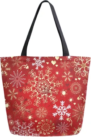 Pfrewn Winter Snowflake Red Sparkle Extra Large Grocery Bag Christmas Snowflakes Reusable Canvas Tote Bag Casual Beach Shopping Tote Heavy Duty Washable Shoulder Bags Handbag with Handles