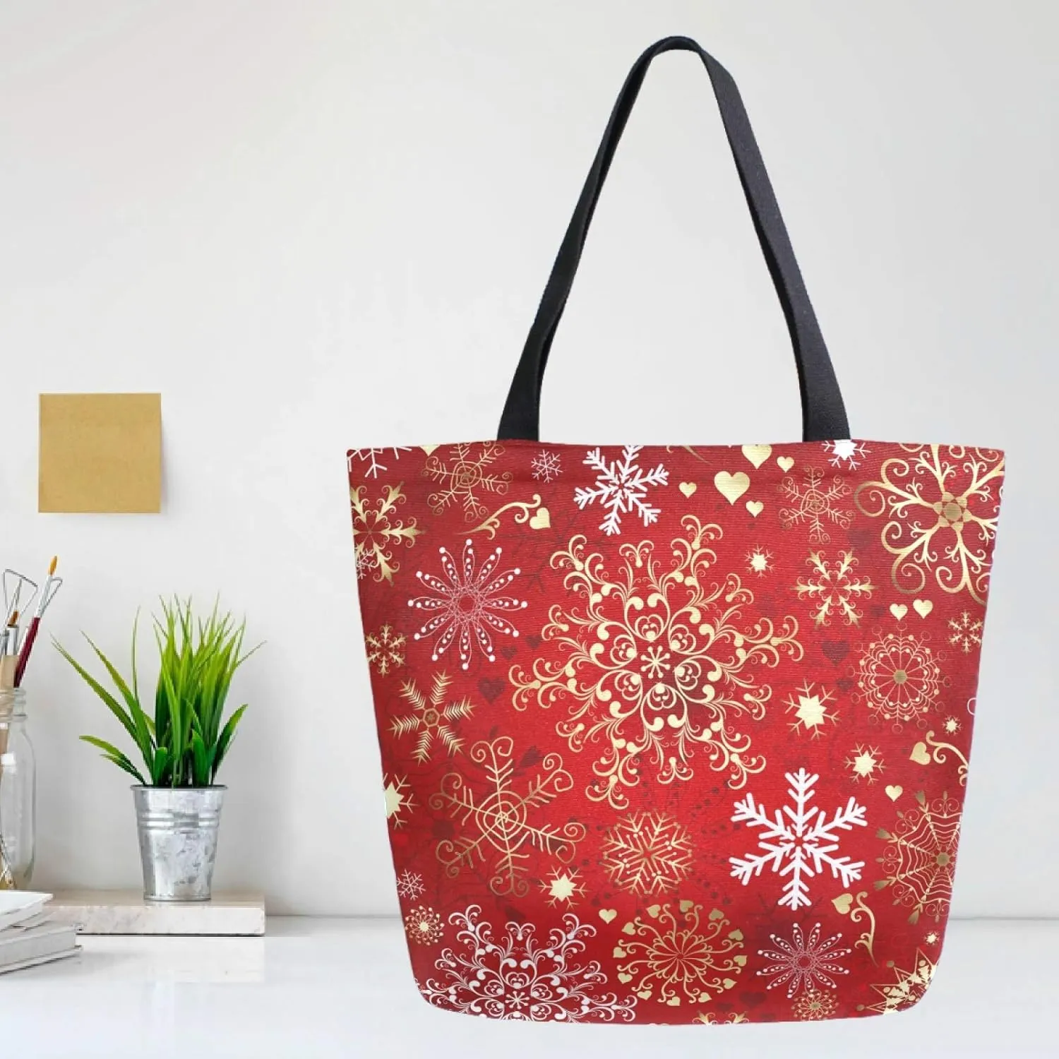 Pfrewn Winter Snowflake Red Sparkle Extra Large Grocery Bag Christmas Snowflakes Reusable Canvas Tote Bag Casual Beach Shopping Tote Heavy Duty Washable Shoulder Bags Handbag with Handles