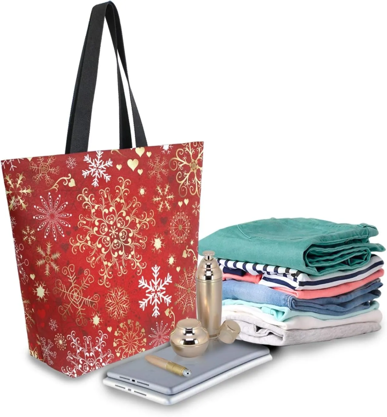 Pfrewn Winter Snowflake Red Sparkle Extra Large Grocery Bag Christmas Snowflakes Reusable Canvas Tote Bag Casual Beach Shopping Tote Heavy Duty Washable Shoulder Bags Handbag with Handles