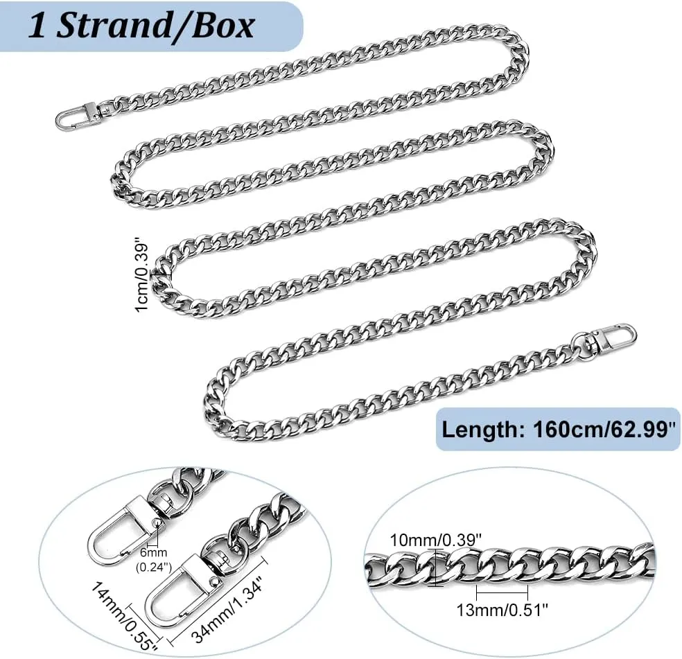PH PandaHall 1 Strand 63 Inches DIY Iron Flat Chain Strap Handbag Chains Accessories Purse Straps Shoulder Cross Body Replacement Straps with 2pcs Metal Buckles Platinum