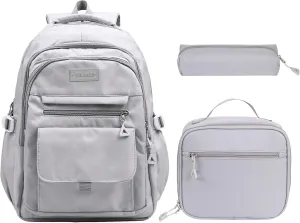Phaoullzon Teen Girls School Backpack with Lunch Box for Boys, College Aesthetic Laptop Bookbag for Women,Grey