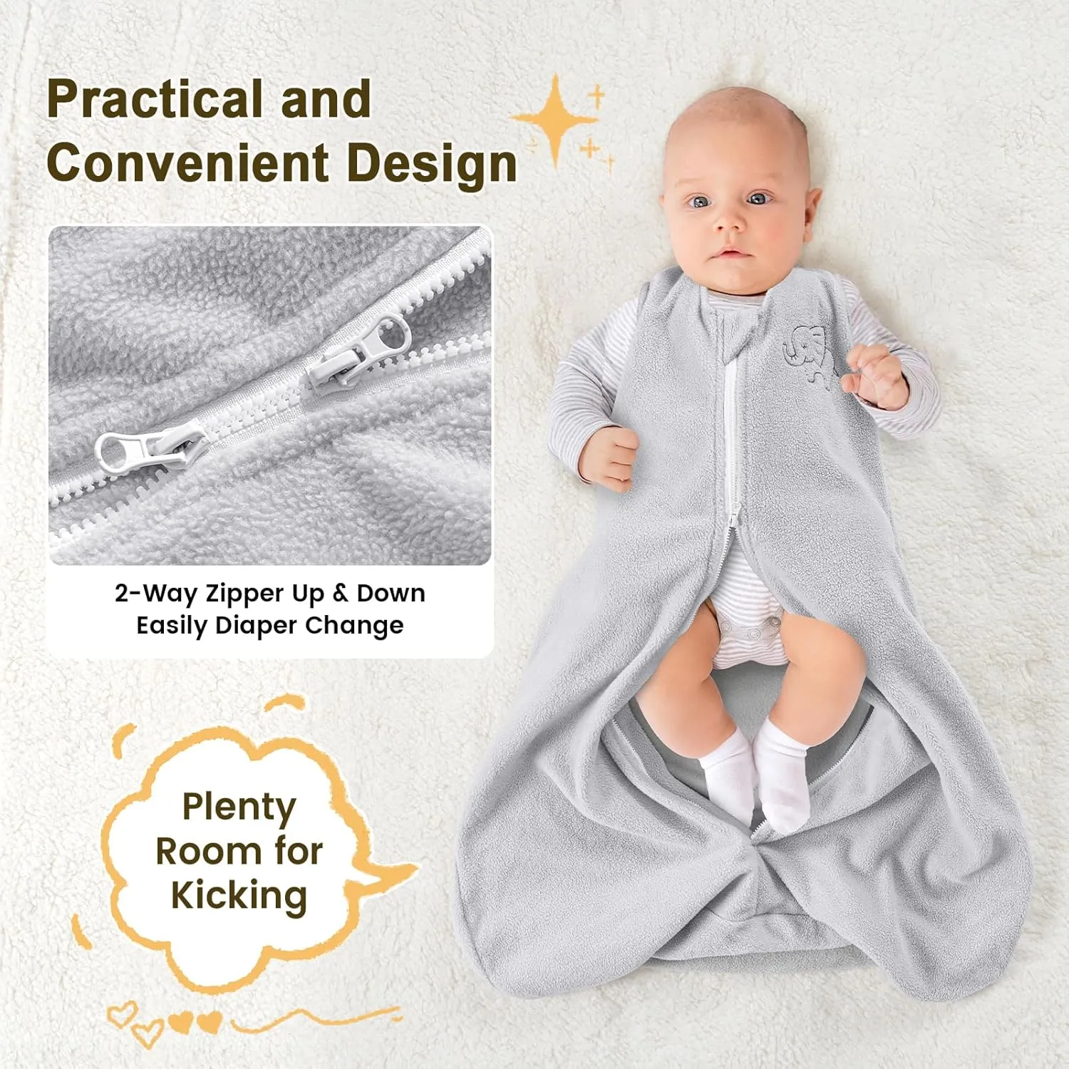 PHF Warm Micro-Fleece Baby Sleep Sack 6-12 Months, Soft Baby Wearable Blanket, 2-Way Zipper Sleeping Bags, 2 Pack Comfy Sleeping Sack for Infant Newborn Boys, Medium Size, White&Grey