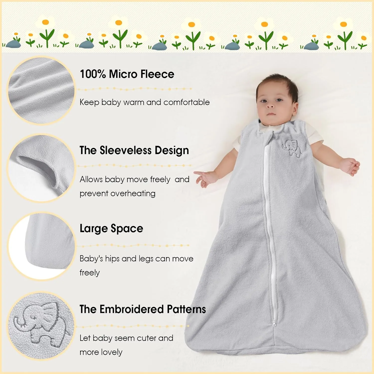 PHF Warm Micro-Fleece Baby Sleep Sack 6-12 Months, Soft Baby Wearable Blanket, 2-Way Zipper Sleeping Bags, 2 Pack Comfy Sleeping Sack for Infant Newborn Boys, Medium Size, White&Grey