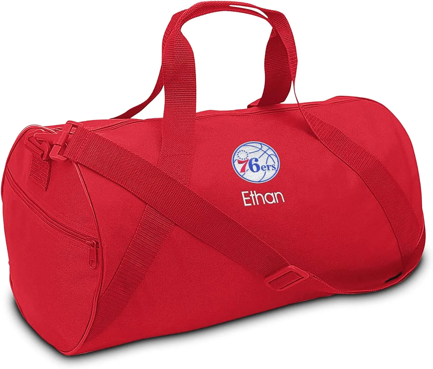 Philadelphia 76er’s Personalized Duffel Bags for Kids - Official NBA Logo Embroidery, Removable Shoulder Strap, Polyester, 19” x 14” (Red)