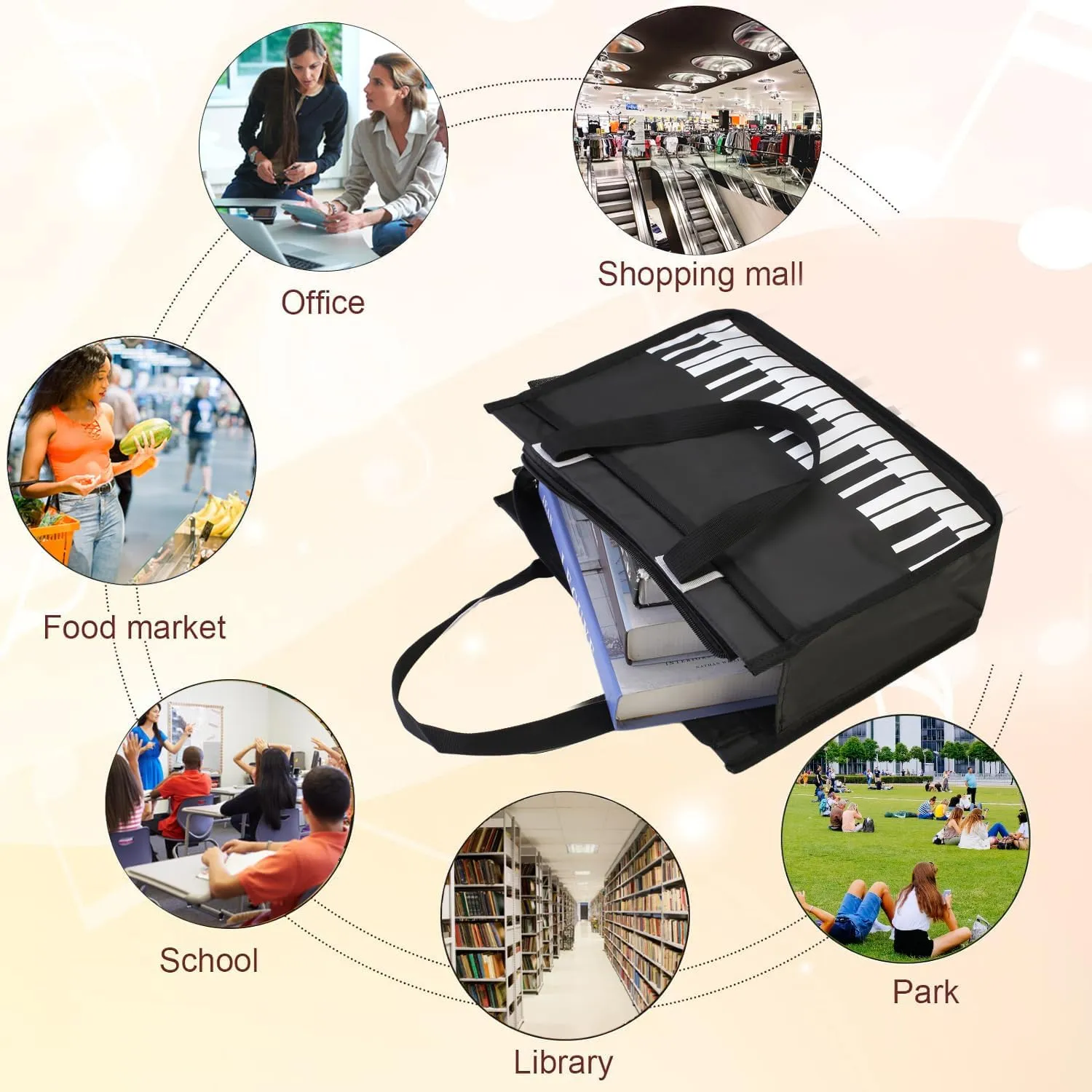 Piano Key Musical Note Tote Bag,Music Shoulder Handbag,Waterproof Nylon Cloth Womens Reusable Shopping Bags