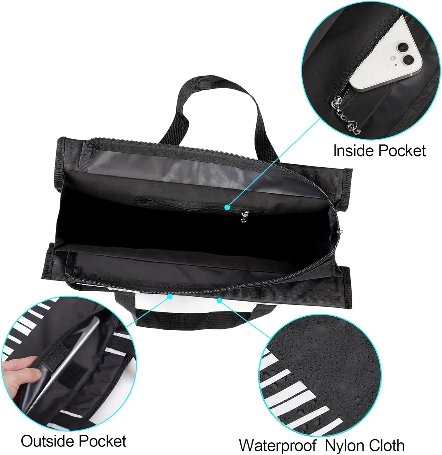 Piano Key Musical Note Tote Bag,Music Shoulder Handbag,Waterproof Nylon Cloth Womens Reusable Shopping Bags