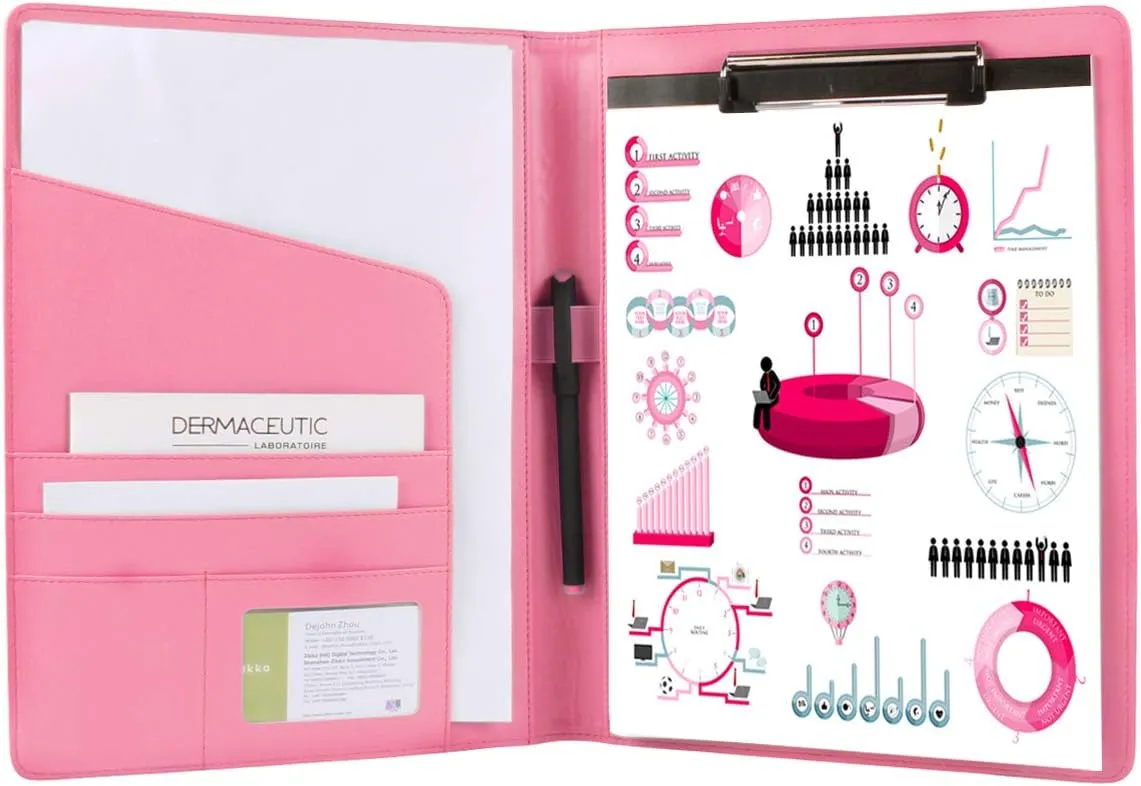 Pink Padfolio Clipboard Portfolio Folder with Pen - Geila PU Leather Resume Portfolio - Interview/Legal Document Organizer & Conference Folder for Business School Office - with 8.5 x11In Writing Pad
