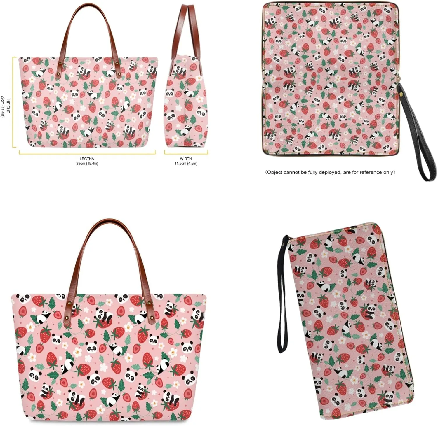 Pink Tote Bag and Wallet Set for Women Ladies 2 Pcs Girly Wristlet Handbag Shoulder Keychain Purses Top Handle Bags with Zipper Purse, Cute Strawberry Panda Cartoon