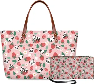 Pink Tote Bag and Wallet Set for Women Ladies 2 Pcs Girly Wristlet Handbag Shoulder Keychain Purses Top Handle Bags with Zipper Purse, Cute Strawberry Panda Cartoon