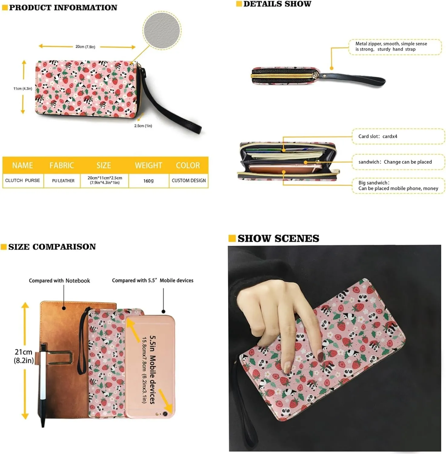 Pink Tote Bag and Wallet Set for Women Ladies 2 Pcs Girly Wristlet Handbag Shoulder Keychain Purses Top Handle Bags with Zipper Purse, Cute Strawberry Panda Cartoon