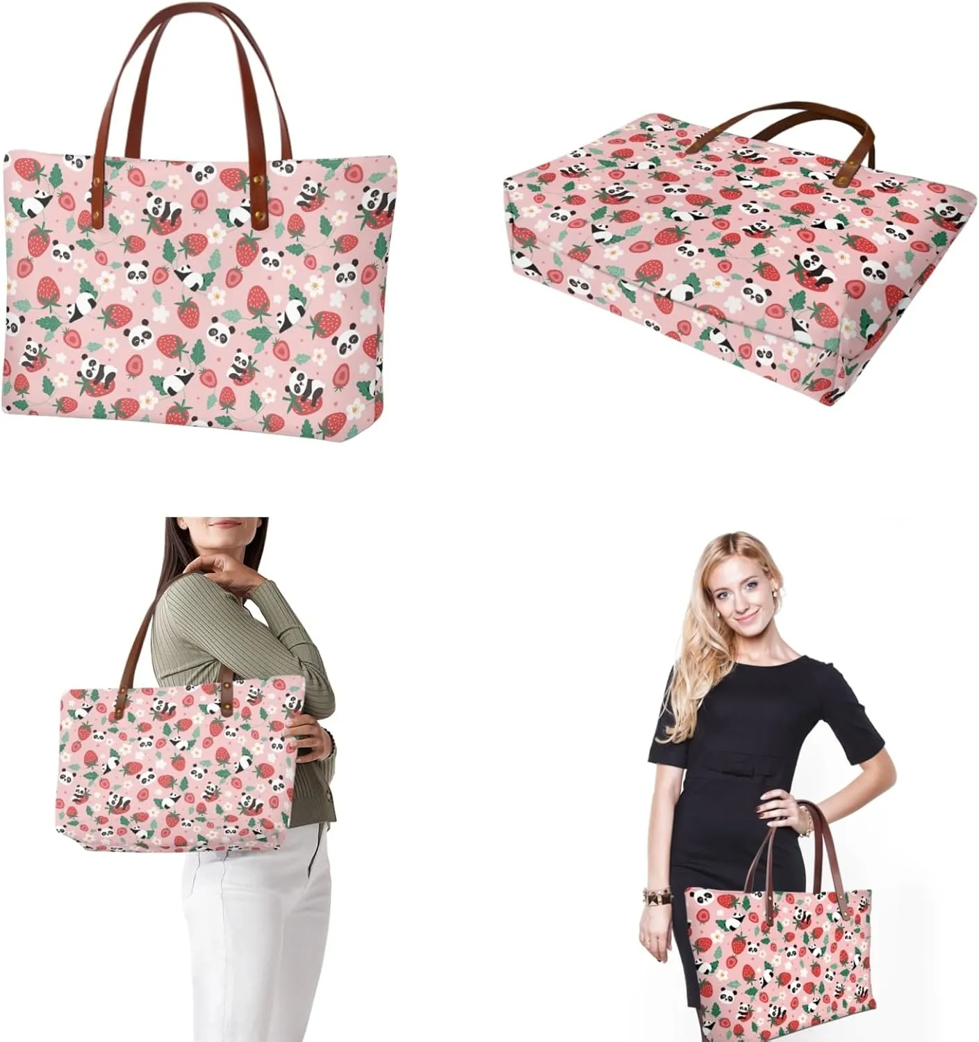 Pink Tote Bag and Wallet Set for Women Ladies 2 Pcs Girly Wristlet Handbag Shoulder Keychain Purses Top Handle Bags with Zipper Purse, Cute Strawberry Panda Cartoon