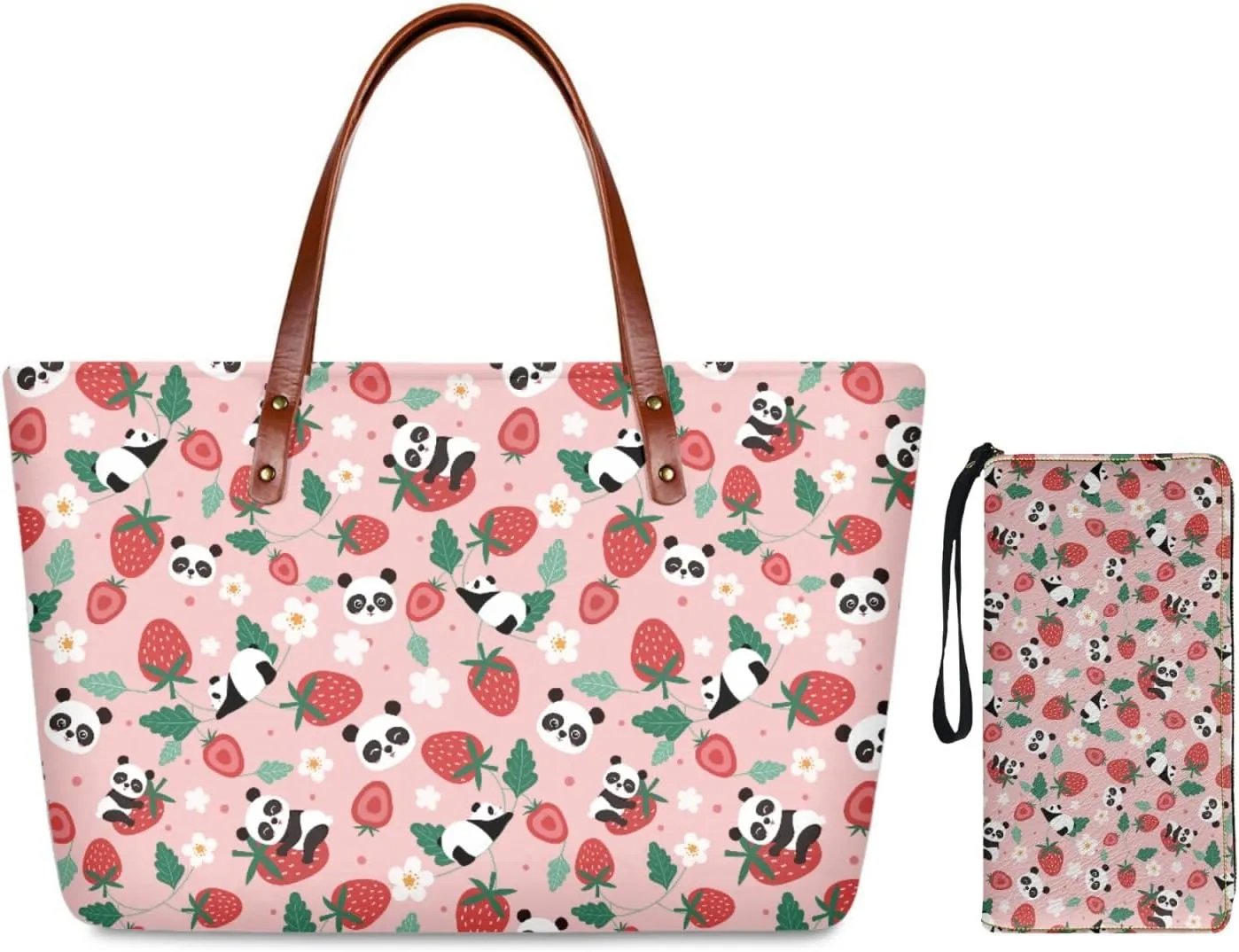Pink Tote Bag and Wallet Set for Women Ladies 2 Pcs Girly Wristlet Handbag Shoulder Keychain Purses Top Handle Bags with Zipper Purse, Cute Strawberry Panda Cartoon