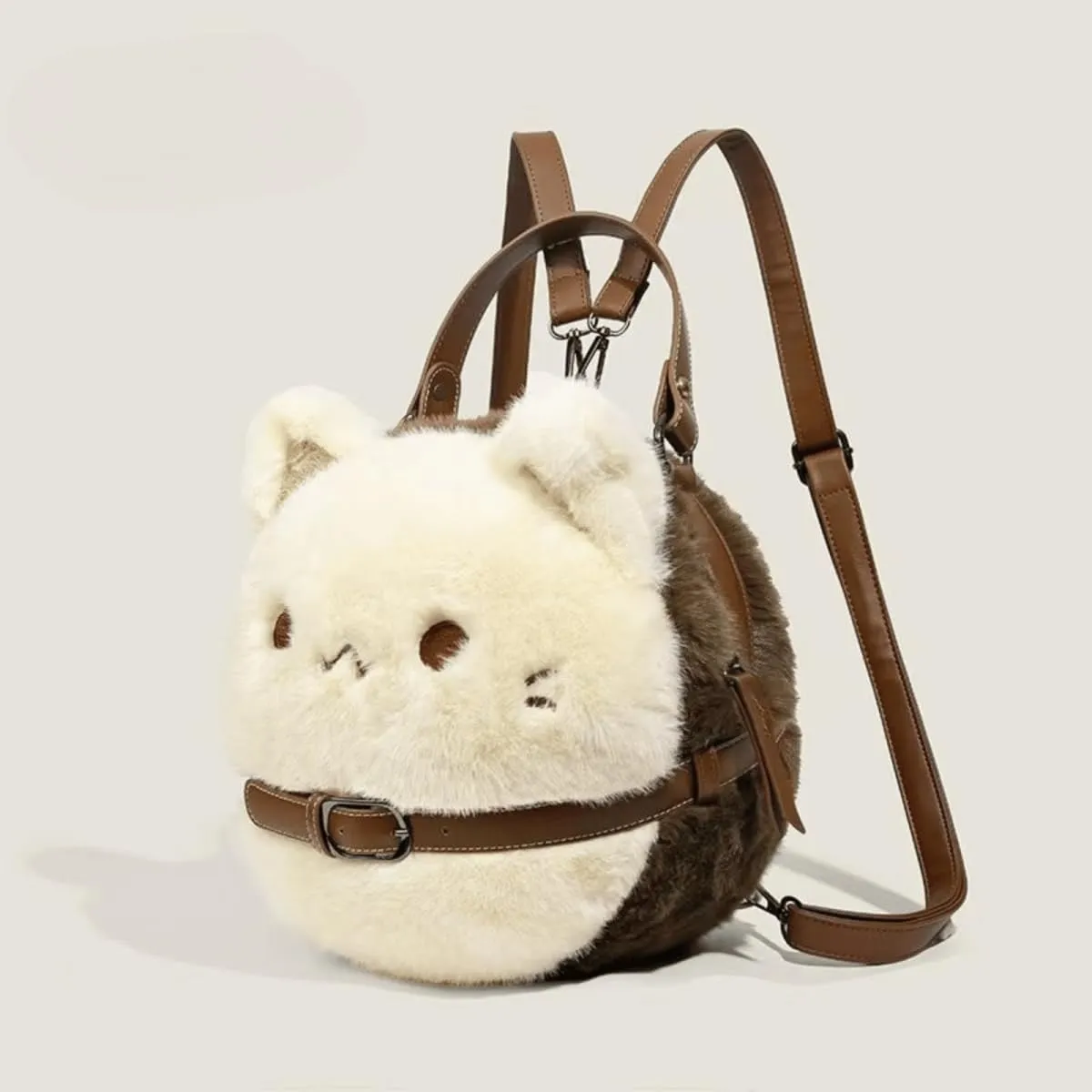 Plush Cat Purse with Leather Collar - Kawaii Crossbody Bag, Backpack & Shoulder Bag for Women, Adjustable 3-Way Mini Handbag Gift for Cat Lovers(7.9x7.5x5.1 Inch)