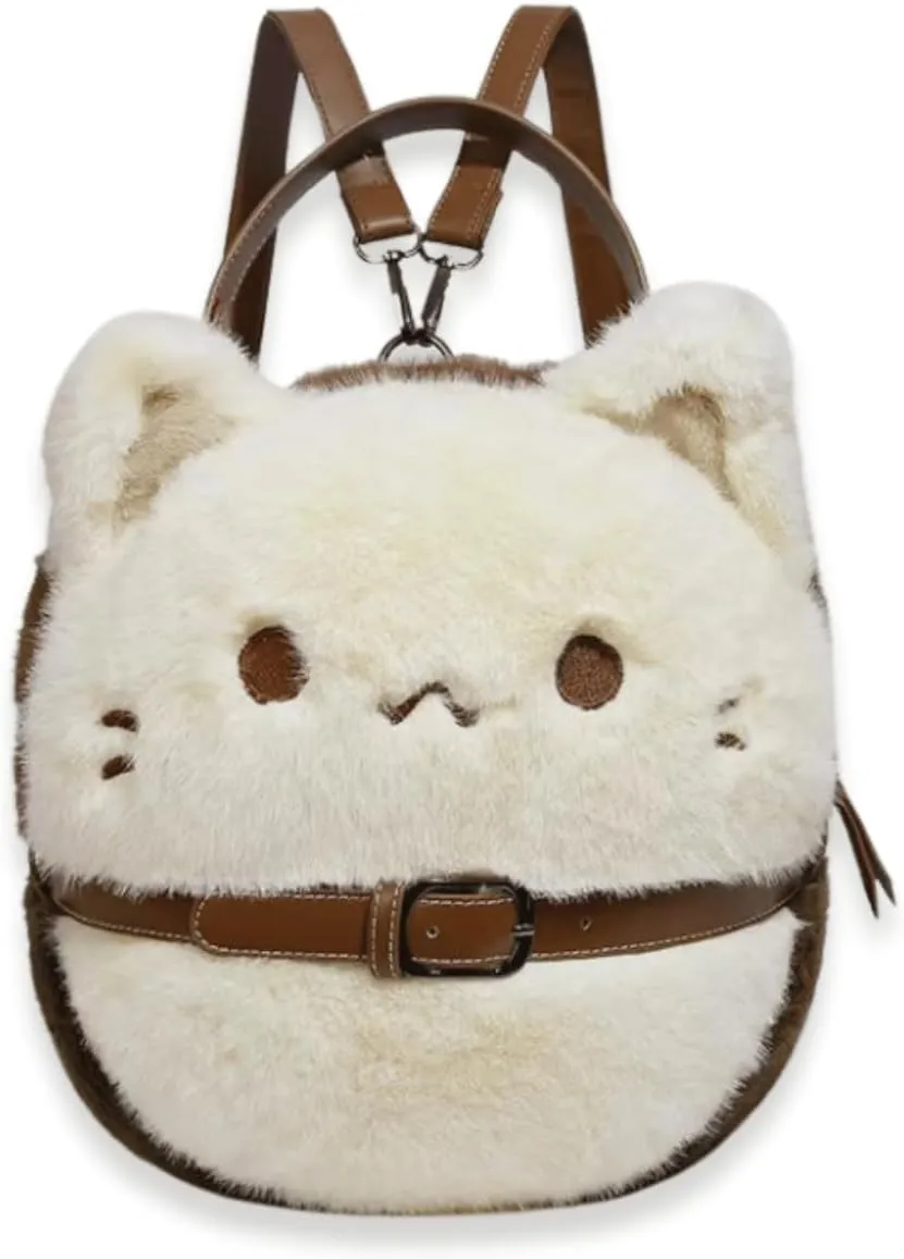 Plush Cat Purse with Leather Collar - Kawaii Crossbody Bag, Backpack & Shoulder Bag for Women, Adjustable 3-Way Mini Handbag Gift for Cat Lovers(7.9x7.5x5.1 Inch)