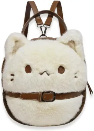 Plush Cat Purse with Leather Collar - Kawaii Crossbody Bag, Backpack & Shoulder Bag for Women, Adjustable 3-Way Mini Handbag Gift for Cat Lovers(7.9x7.5x5.1 Inch)
