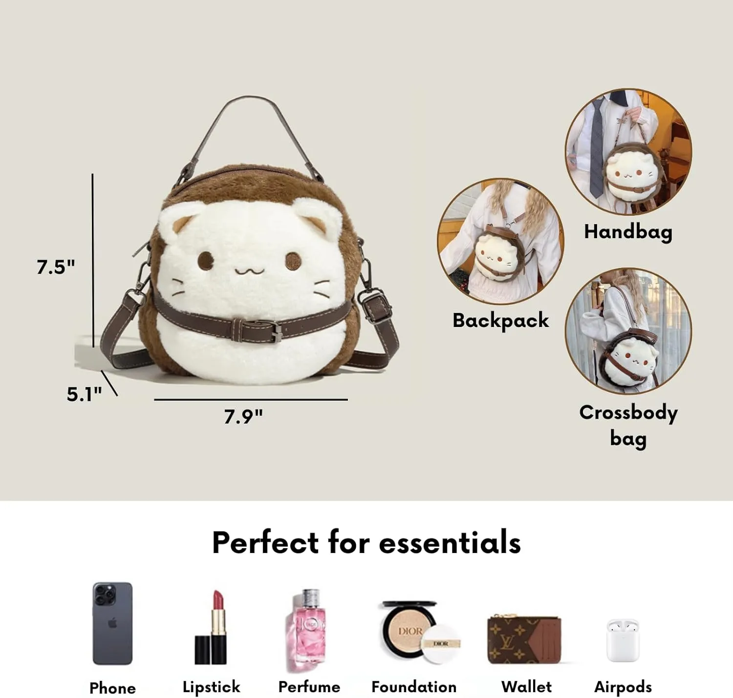 Plush Cat Purse with Leather Collar - Kawaii Crossbody Bag, Backpack & Shoulder Bag for Women, Adjustable 3-Way Mini Handbag Gift for Cat Lovers(7.9x7.5x5.1 Inch)