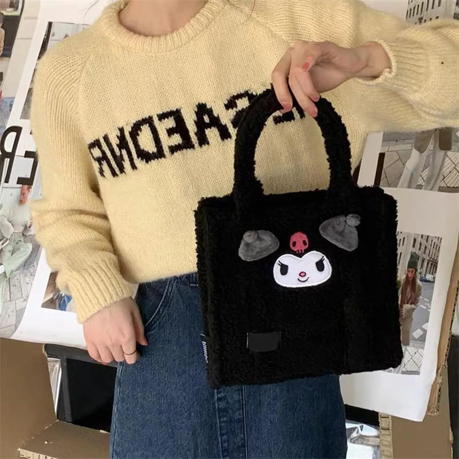 Plush Handbag for Womens,Anime Tote Bag for Women with Zipper Anime Bags,Adjustable Shoulder Strap Women Satchel Bags