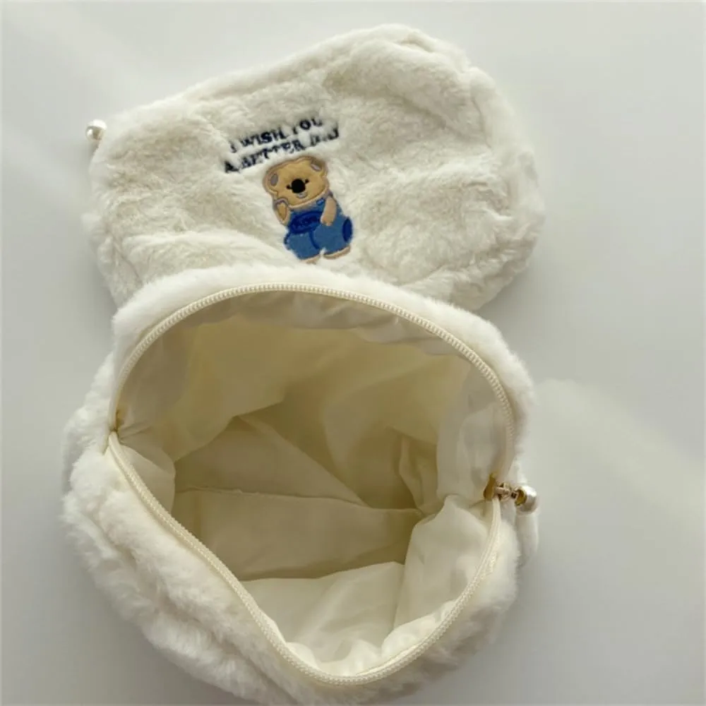 Plush Makeup Bag Fuzzy Cosmetic Bags Travel Cosmetics Cute Bear Portable Storage Toiletry Bag Large Capacity Embroidered Bag (beige)