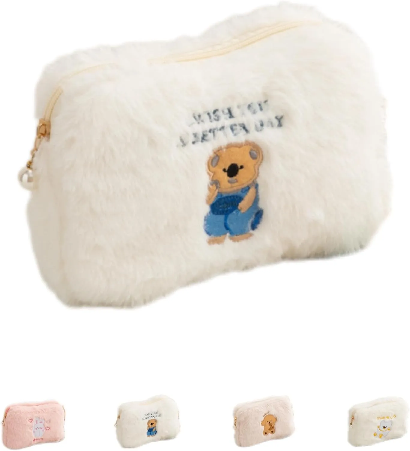 Plush Makeup Bag Fuzzy Cosmetic Bags Travel Cosmetics Cute Bear Portable Storage Toiletry Bag Large Capacity Embroidered Bag (beige)