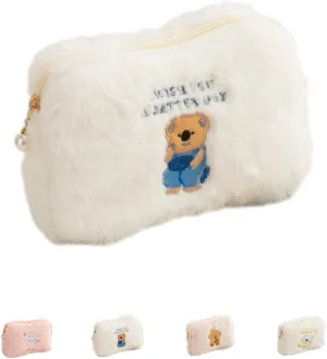 Plush Makeup Bag Fuzzy Cosmetic Bags Travel Cosmetics Cute Bear Portable Storage Toiletry Bag Large Capacity Embroidered Bag (beige)