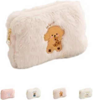 Plush Makeup Bag Fuzzy Cosmetic Bags Travel Cosmetics Cute Bear Portable Storage Toiletry Bag Large Capacity Embroidered Bag (brown)