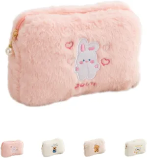 Plush Makeup Bag Fuzzy Cosmetic Bags Travel Cosmetics Cute Bear Portable Storage Toiletry Bag Large Capacity Embroidered Bag (pink)