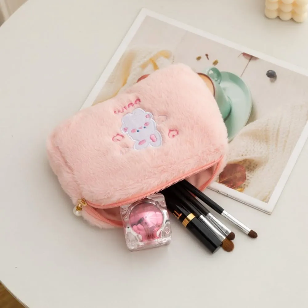 Plush Makeup Bag Fuzzy Cosmetic Bags Travel Cosmetics Cute Bear Portable Storage Toiletry Bag Large Capacity Embroidered Bag (pink)