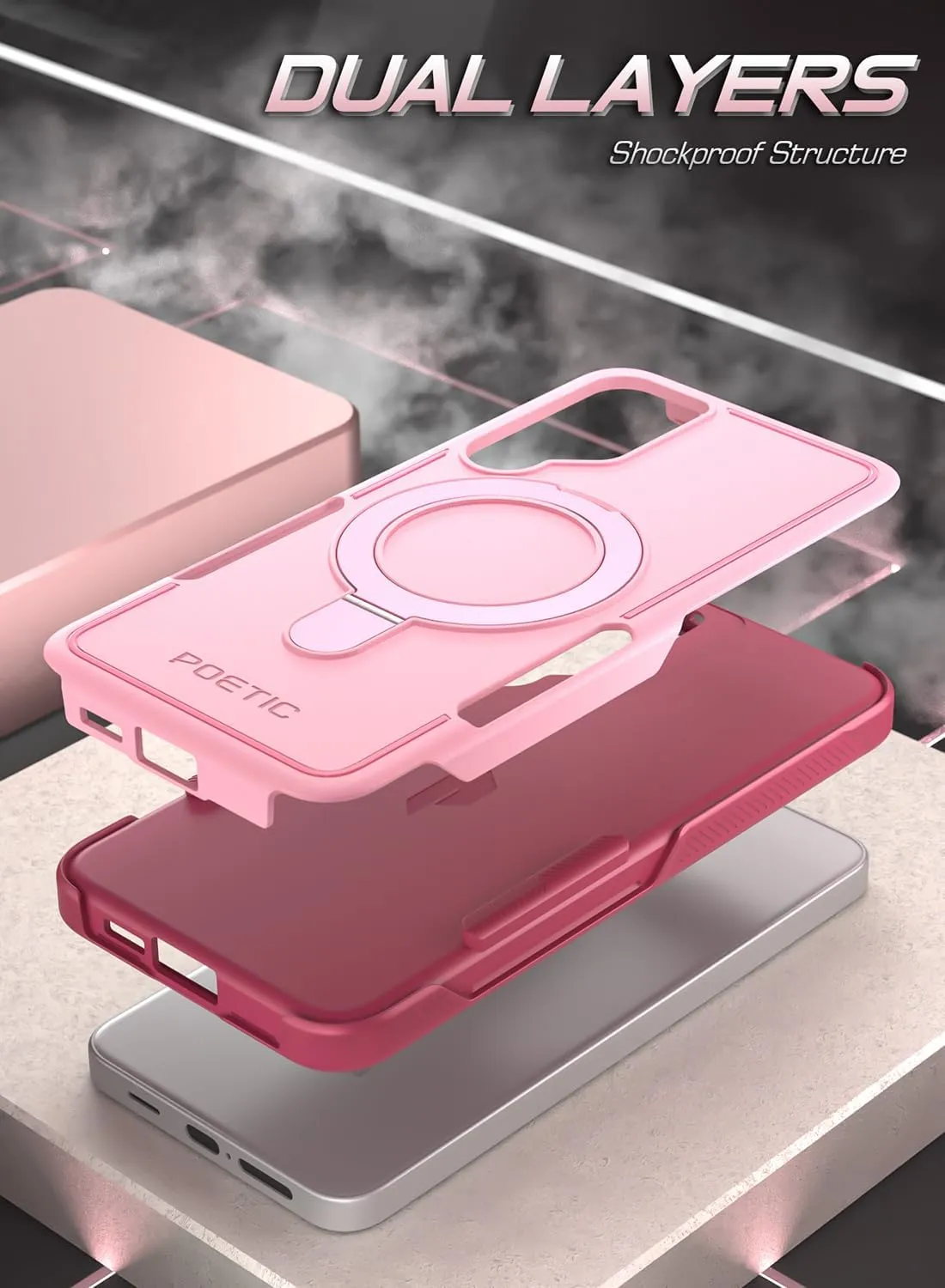 Poetic Neon Case for Galaxy S24 6.2", [Magnetic Ring Stand] Dual Layer Rugged Slim Shockproof Protective Cover, Light Pink