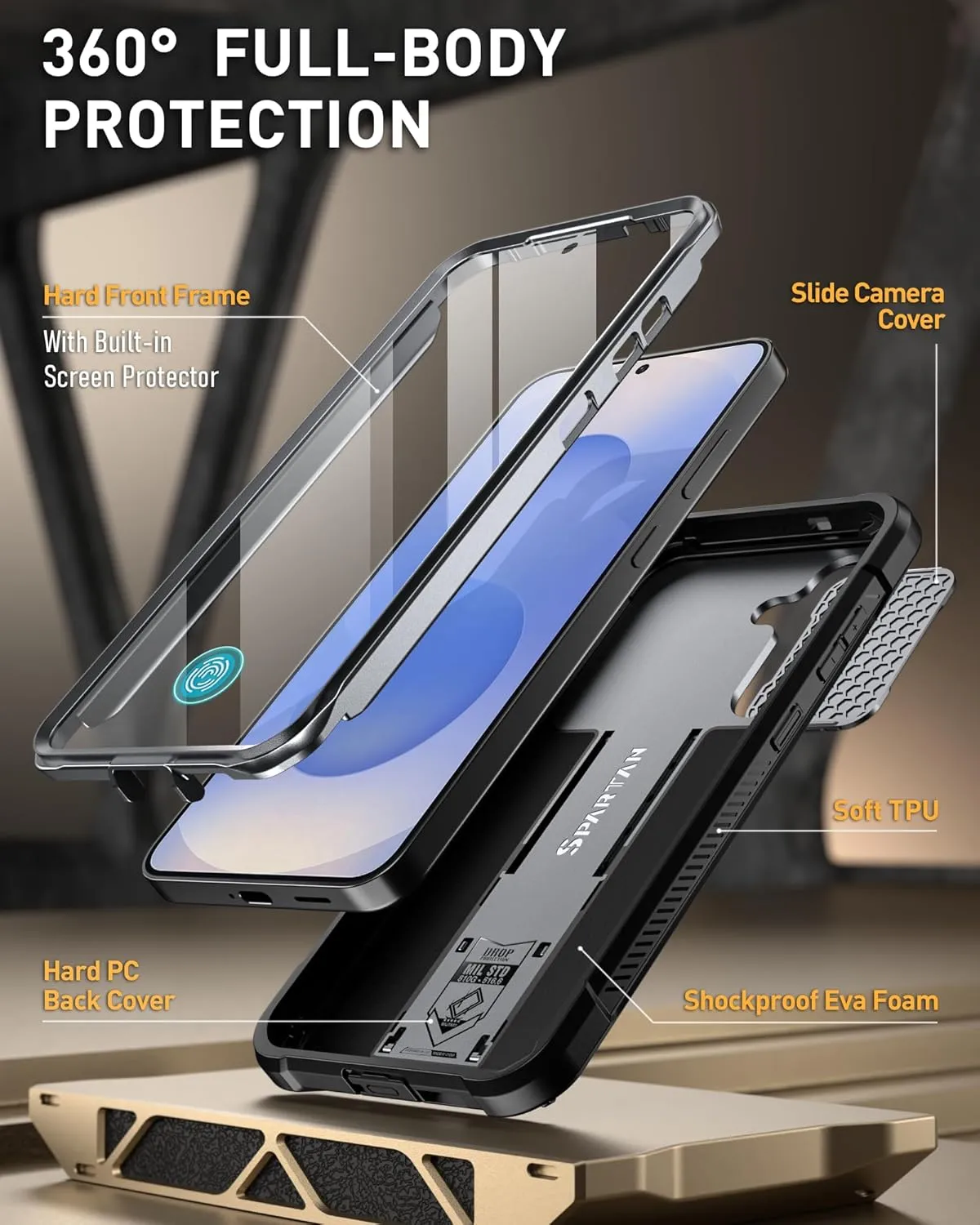 Poetic Spartan Case for Galaxy S25  Plus 6.7", [Slide Camera Cover] [Screen Protector Works with Fingerprint ID]Military Grade Rugged Shockproof S25 Plus Phone Case with Kickstand, Metallic Gun Metal