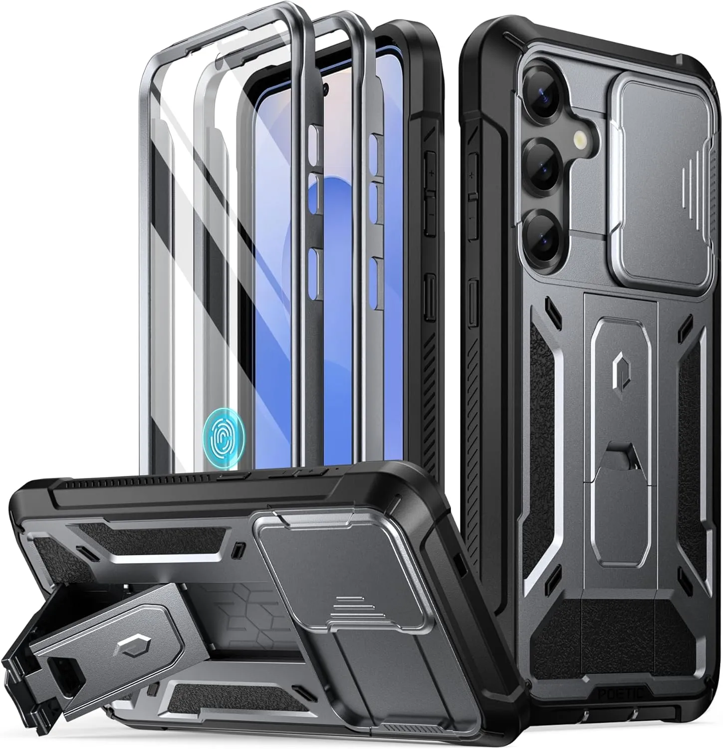 Poetic Spartan Case for Galaxy S25  Plus 6.7", [Slide Camera Cover] [Screen Protector Works with Fingerprint ID]Military Grade Rugged Shockproof S25 Plus Phone Case with Kickstand, Metallic Gun Metal