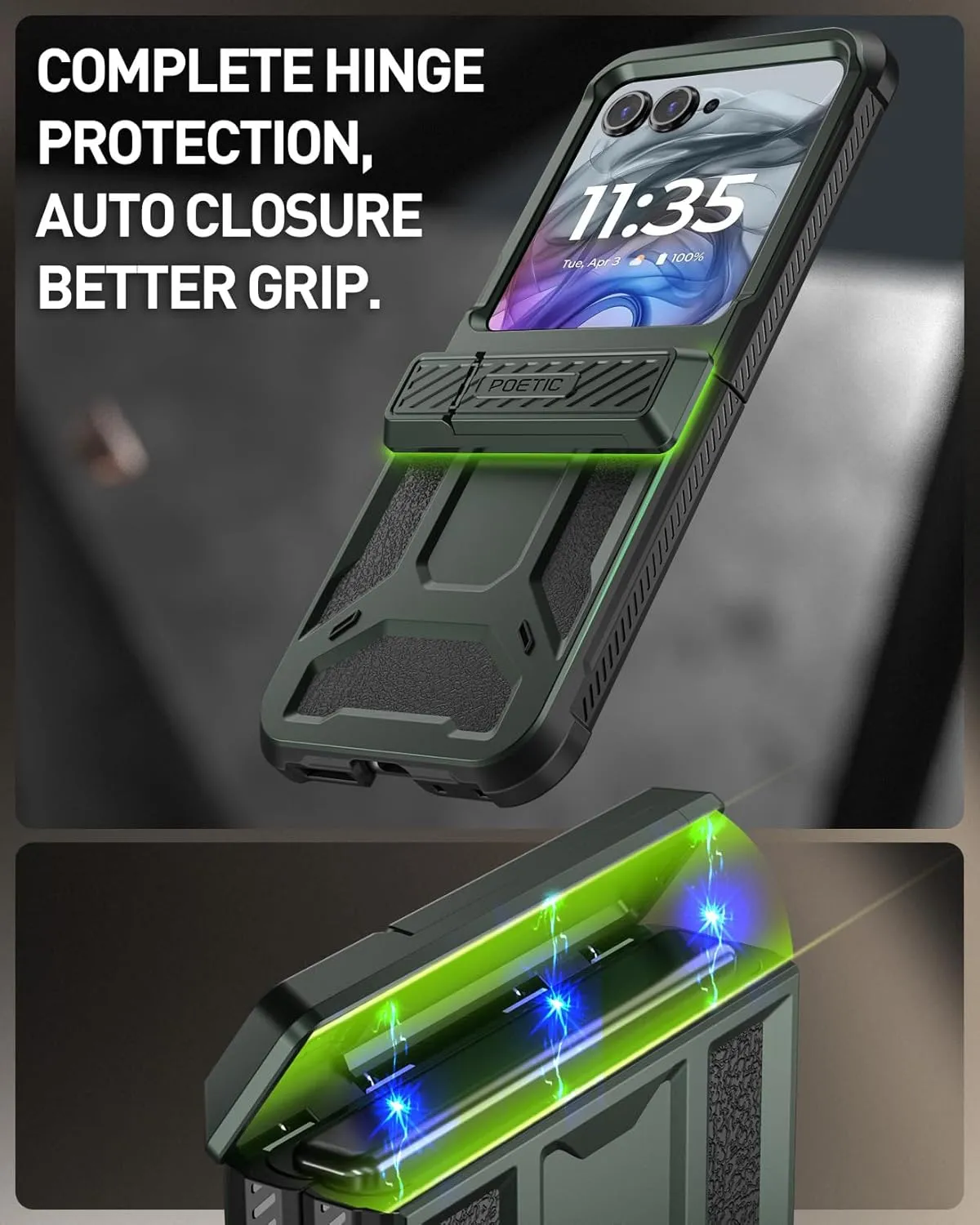 Poetic Spartan Case for Motorola Moto Razr 2024,[Kickstand][Hinge Protection][20FT Mil-Grade Drop Tested], Full-Body Rugged Shockproof Protective Cover with Kickstand, Metallic Green