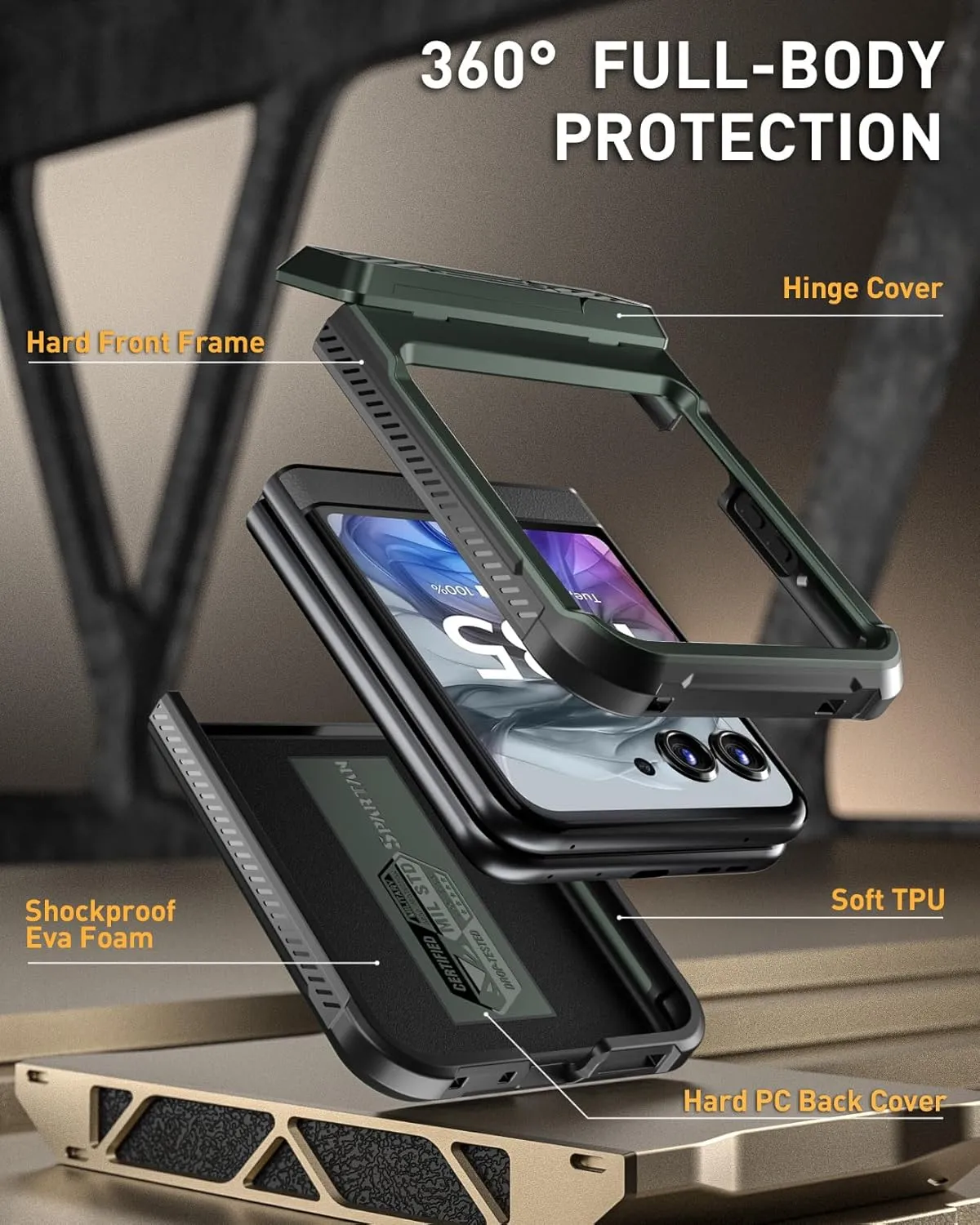 Poetic Spartan Case for Motorola Moto Razr 2024,[Kickstand][Hinge Protection][20FT Mil-Grade Drop Tested], Full-Body Rugged Shockproof Protective Cover with Kickstand, Metallic Green