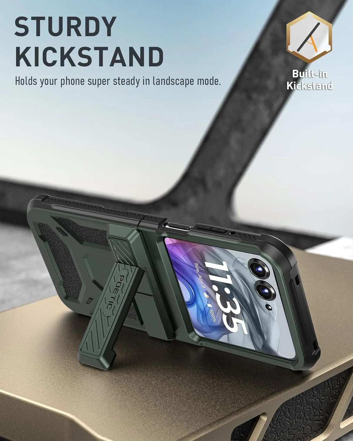 Poetic Spartan Case for Motorola Moto Razr 2024,[Kickstand][Hinge Protection][20FT Mil-Grade Drop Tested], Full-Body Rugged Shockproof Protective Cover with Kickstand, Metallic Green