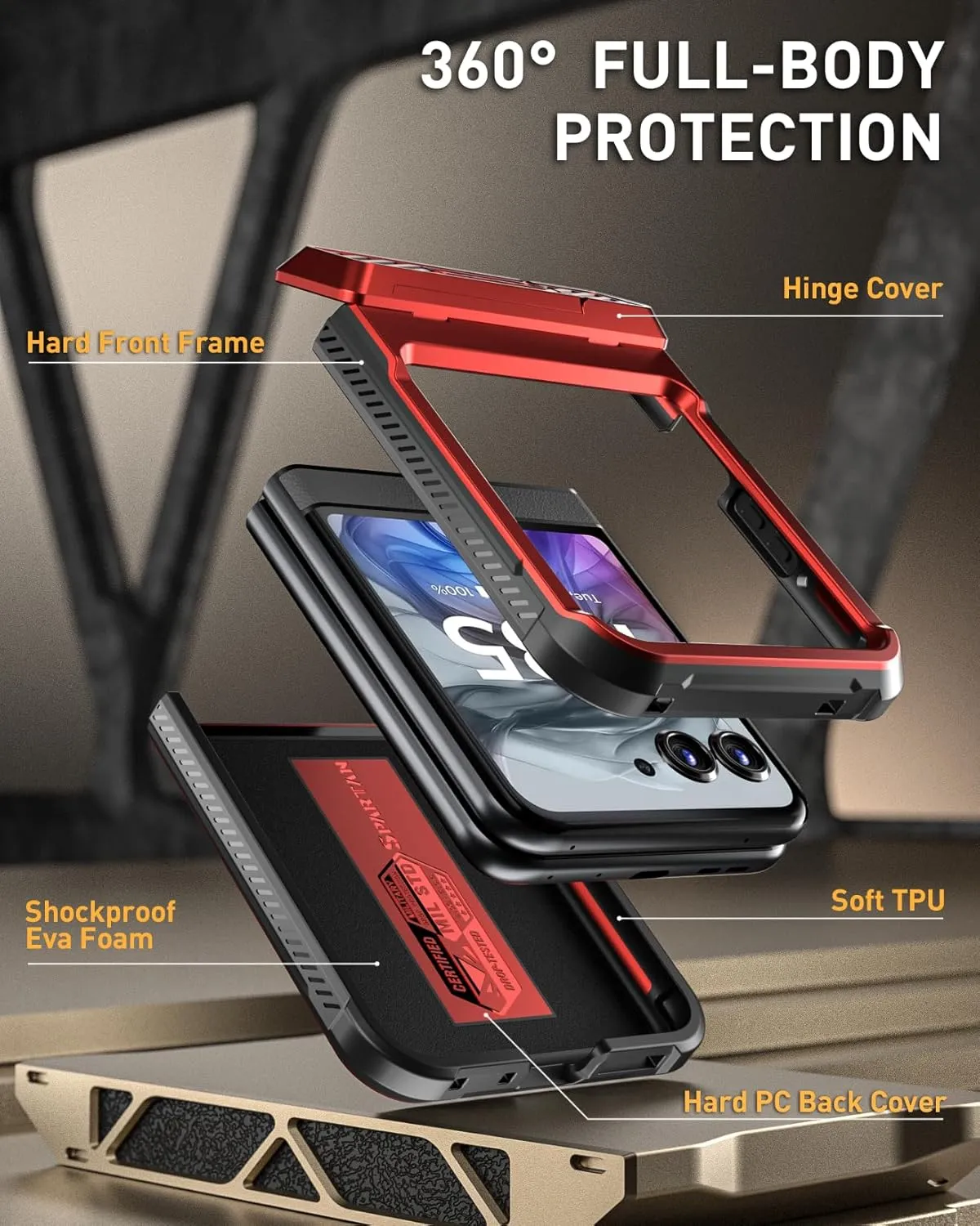 Poetic Spartan Case for Motorola Moto Razr 2024,[Kickstand][Hinge Protection][20FT Mil-Grade Drop Tested], Full-Body Rugged Shockproof Protective Cover with Kickstand, Metallic Red