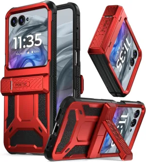 Poetic Spartan Case for Motorola Moto Razr 2024,[Kickstand][Hinge Protection][20FT Mil-Grade Drop Tested], Full-Body Rugged Shockproof Protective Cover with Kickstand, Metallic Red