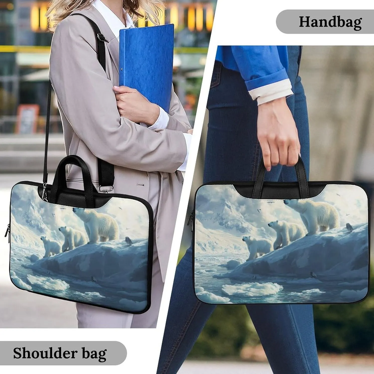 Polar Bears Ice Floes Arctic Ocean Leather Bag Laptop Case Slim Water Resistant Computer Bags with Handle Briefcase for Work
